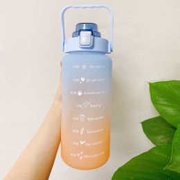 2L Large Capacity Water Bottle With Bounce Cover Time Scale Reminder Frosted Cup With Cute Stickers For Outdoor Sports Fitness - Blue 1