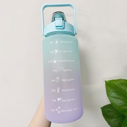 2L Large Capacity Water Bottle With Bounce Cover Time Scale Reminder Frosted Cup With Cute Stickers For Outdoor Sports Fitness - Green 1