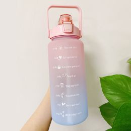 2L Large Capacity Water Bottle With Bounce Cover Time Scale Reminder Frosted Cup With Cute Stickers For Outdoor Sports Fitness - Pink 1