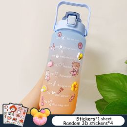 2L Large Capacity Water Bottle With Bounce Cover Time Scale Reminder Frosted Cup With Cute Stickers For Outdoor Sports Fitness - with Stickers 1