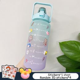 2L Large Capacity Water Bottle With Bounce Cover Time Scale Reminder Frosted Cup With Cute Stickers For Outdoor Sports Fitness - with Stickers 2