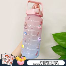 2L Large Capacity Water Bottle With Bounce Cover Time Scale Reminder Frosted Cup With Cute Stickers For Outdoor Sports Fitness - with Stickers 3