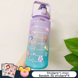 2L Large Capacity Water Bottle With Bounce Cover Time Scale Reminder Frosted Cup With Cute Stickers For Outdoor Sports Fitness - with Stickers 4