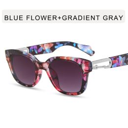 Fashion Square Hook Loop Sunglasses Women Metal Hinges Sunglass Vintage Leopard Sun Glass Men Luxury Eyewear UV400 Brown Shades - blue flower gray