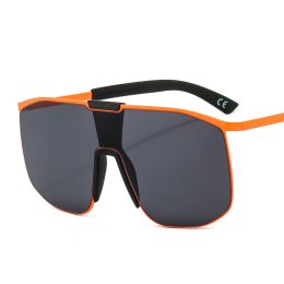 Fashionable and modern color metal one-piece sunglasses for men and women large frame integrated sunglasses - C1 orange black frame grey chip