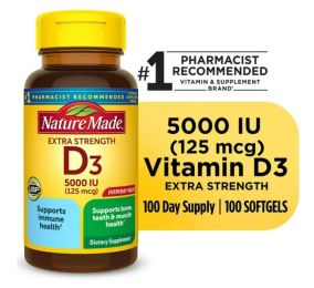 Nature Made Extra Strength Vitamin D3 5000 IU (125 mcg) Softgels, Dietary Supplement for Bone and Immune Health Support, 100 Count - Nature Made